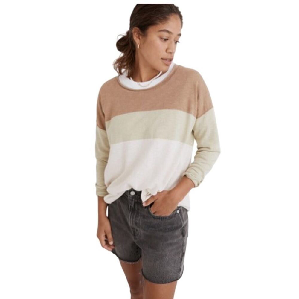 Madewell Palmdale Pullover Sweater Colorblock Stripe Seed Khaki, size M